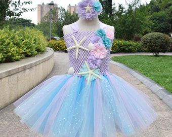 Pastel Mermaid TUTU Robe pour filles, Robe de fête d’anniversaire sirène pour enfants, costume de fête à thème sous la mer, robe à paillettes avec bandeau de fleur