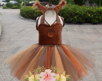 Girls Squirrel Animal Tutu Dress,Birthday Outfit,Dresses & Headband,Squirrel Halloween Costume ,Ears headband and tail set,Dress up gift