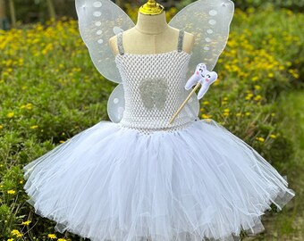 Tooth Fairy Tutu Dress Outfit,White Butterfly Wings,Garden Elf Costume,Kids Halloween Costume,Fairy Costumes,kids tooth fairy wands set