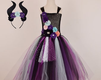 Maleficent Tutu Dress for Girls,Maleficent Tutu Costume,Black Fancy Flower Dresses,Kids Halloween Costume,Ankle length dresses