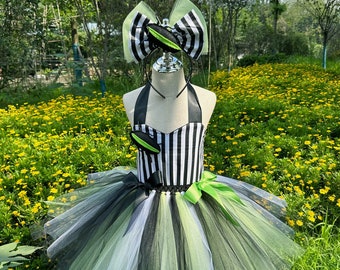 Beetle Juice inspired Tutu Dress,Kids Halloween Costume Dress,Girls Party Dress Up with Headband Outfit