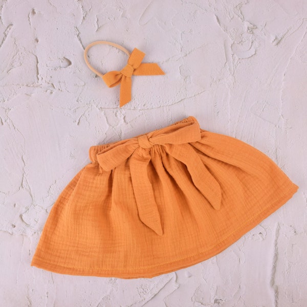 Baby Girls Muslin Skirt,Double gauze skirt,Toddler birthday Skirt and headband set,100% Cotton Solid Color Skirt,mustard yellow skirt