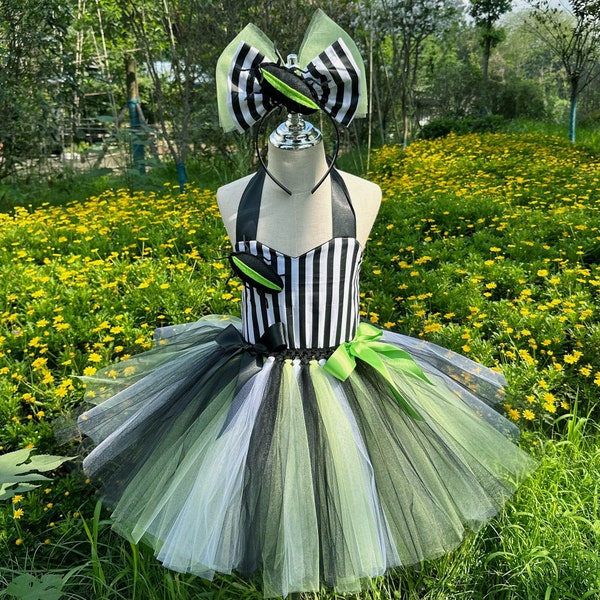 Beetle Juice inspired Tutu Dress,Kids Halloween Costume Dress,Girls Party Dress Up with Headband Outfit