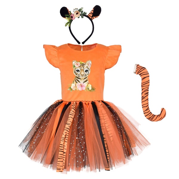 Tiger Mädchen Tutu Kleid,Kinder Geburtstagskleid Outfit,Kleidchen & Tigerohren Stirnband Schwanz Set,Sarfai Tier Tutu Kostüm,Halloween Tiger Kostüm