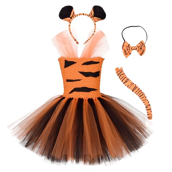 Girls Tiger and Ears Set,Tiger Tutu Costume,Kids Birthday Party Tutu Dress,Orange/Black Tutu Dress for girls,Kids Halloween Animal Costumes