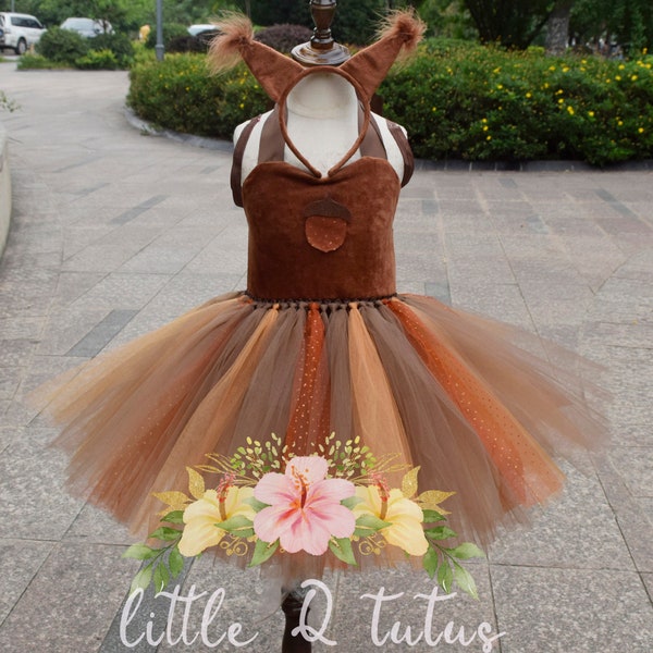 Robe tutu animal écureuil pour filles, tenue d'anniversaire, robes et bandeau, costume d'Halloween écureuil, bandeau oreilles et ensemble de queue, cadeau d'habillage