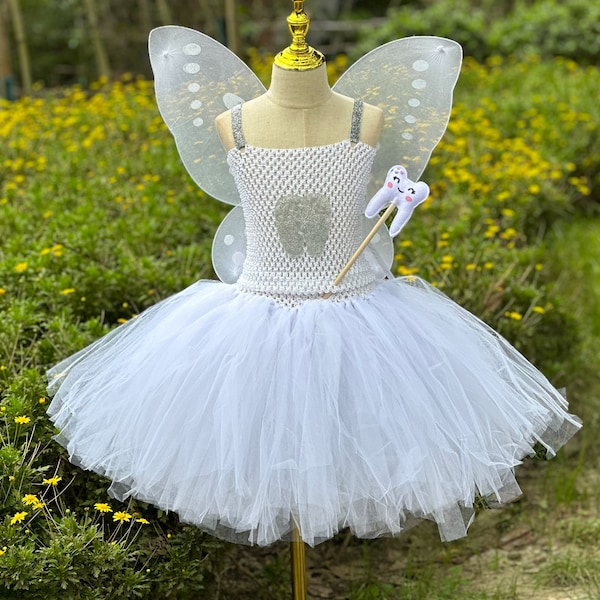 Tooth Fairy Tutu Dress Outfit,White Butterfly Wings,Garden Elf Costume,Kids Halloween Costume,Fairy Costumes,kids tooth fairy wands set