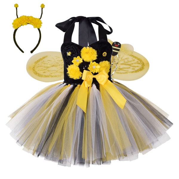 Girls Bee Flower Tutu Dress,Kids Birthday Outfit,Dresses Headband Wings,Bee Costume ,Halloween Dress,Bee wands wings and headband set