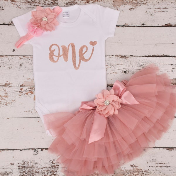 Rose Gold Birthday Tutu Outfit,First Birthday baby tutu,baby girls dusty rose tutu,1st baby birthday,infant cake smash,personalized gift