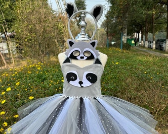 Girls Raccoon Tutu Costume,Raccoon Fluffy Tutu Dress,Birthday Party Tutu Dress,Photo Props ,Baby girls Dress Up,Raccoon Mask Tails Set