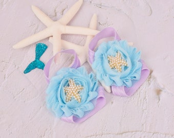 Mermaid Baby Barefoot Sandals Shoes,Under the Sea Theme Party Baby Sandals,Newborn Photo Props,Jeweled Baby Girl Shoes,Baby Shower Gift