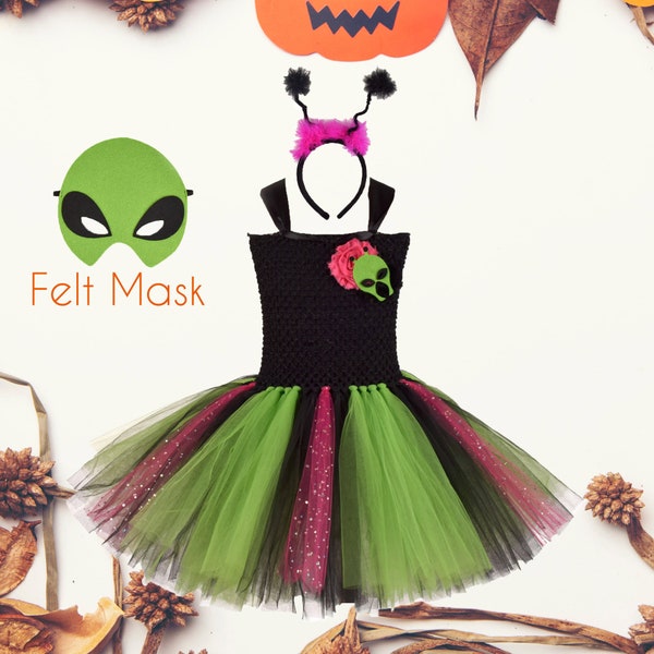 Alien inspired Tutu Dress for Kids,Girls Halloween Costume Dress,Girls Party Dress Up with Headband Outfit,Alien Felt Mask,Halloween Felt
