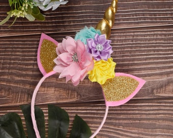 Gold Unicorn Headband,Unicorn Headband Kids,Girls Unicorn Party Costume,Unicorn Birthday Headband,Flowers Headband,Toddler-Adult Unicorn