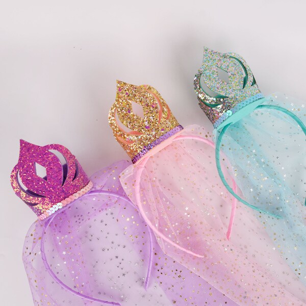 Princess Glitter Crown Headband,kids birthday party favor,girl Crown Headbands,Princess costume,Glitter tulle headbands