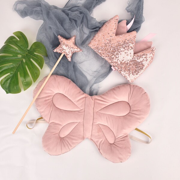 Rose Gold Velvet butterfly wings costume, fairy wings, kids crown wands set, gift for kids pretend play or dress up, Toddler wings costume