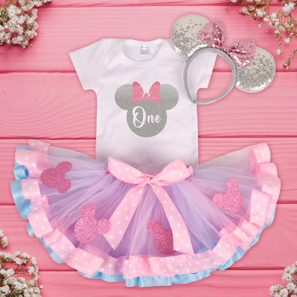 Minnie Mouse Party Dress Set,Mouse 1st Birthday Outfit,Mouse sprinkle skirt,Minnie White Birthday Shirt and Pink/blue trim Tutu Dress 238802
