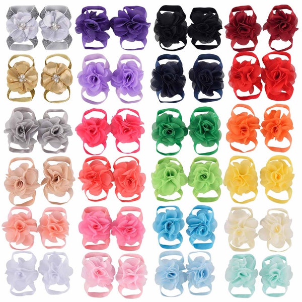 U pick!Baby Flower Barefoot Sandals Shoes,Newborn Sandals,Photo Props,Baby Chiffon Flower Barefoot Sandals,19 Color Options,Baby Shower Gift