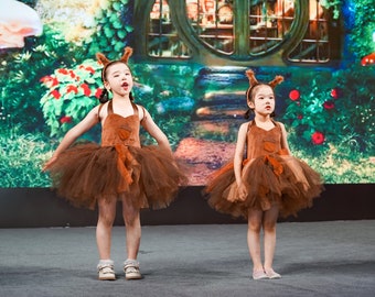 Fluffy Squirrel Tutu Dress for Girls,Kids Birthday Outfit,Dresses,Ears headband and tail set,Squirrel Halloween Costume ,Dress up Costume