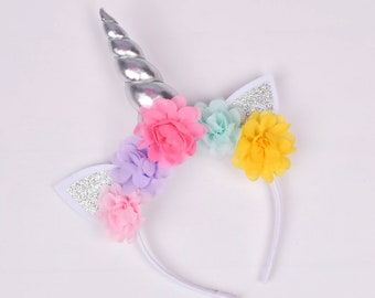 Pastel Rainbow Unicorn Headbands,Silver Unicorn Birthday Headband,Kids birthday party favor,floral crown headband