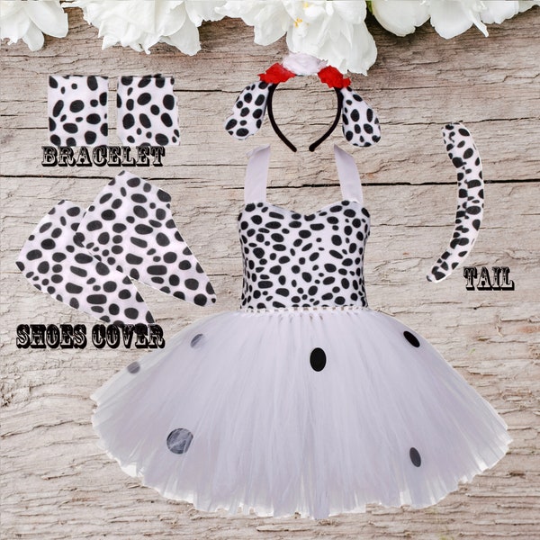 Dalmatian Girls Tutu Dress,Kids Birthday Dress Outfit,Kids Animal Dress up Sets,Ears Headband Tail and Shoes set,Halloween Dalmatian Costume