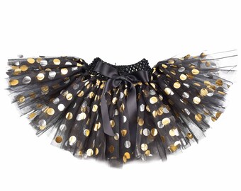 Girl Black Tutu Skirt,Baby 1st Birthday Party Tutu Costume,Gold/Silver Polka Dots tulle skirt,Cake Smash,Newborn photos props,baby tutu