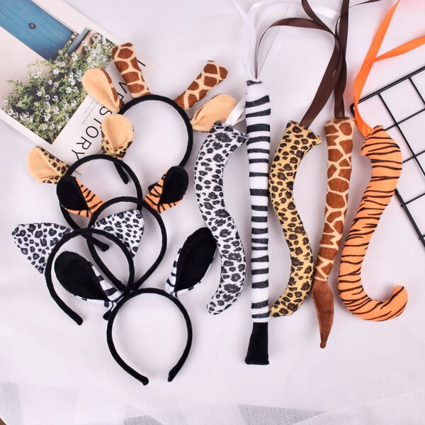 Zebra/Leopard/Tiger Ears and Tail set Jungle zoo animal theme headband birthday party favor costume,boy animal ears headband