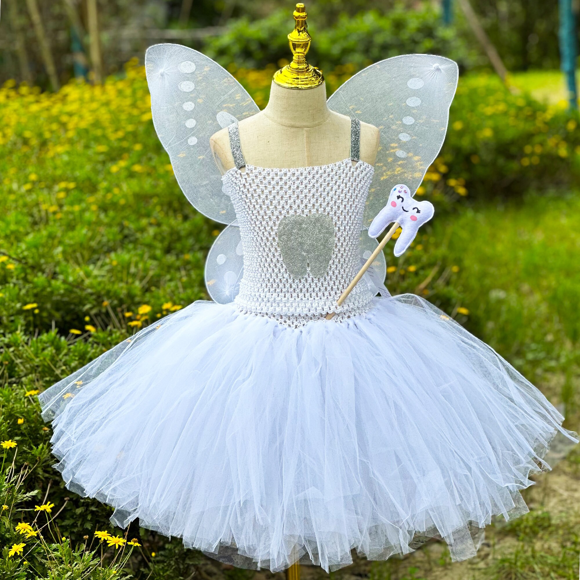 Tooth Fairy Tutu Dress Outfit white Butterfly Wings garden Elf