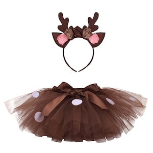 Deer Tutu Skirt Outfit,Reindeer tutu costume and headband,Christmas deer tutu costume,Brown with polka dot tutus