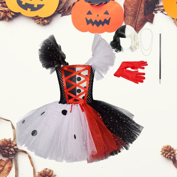 Girls Cruella Deville Inspired Tutu Dress Costume,Kids Halloween Costume,Toddler Girls Set