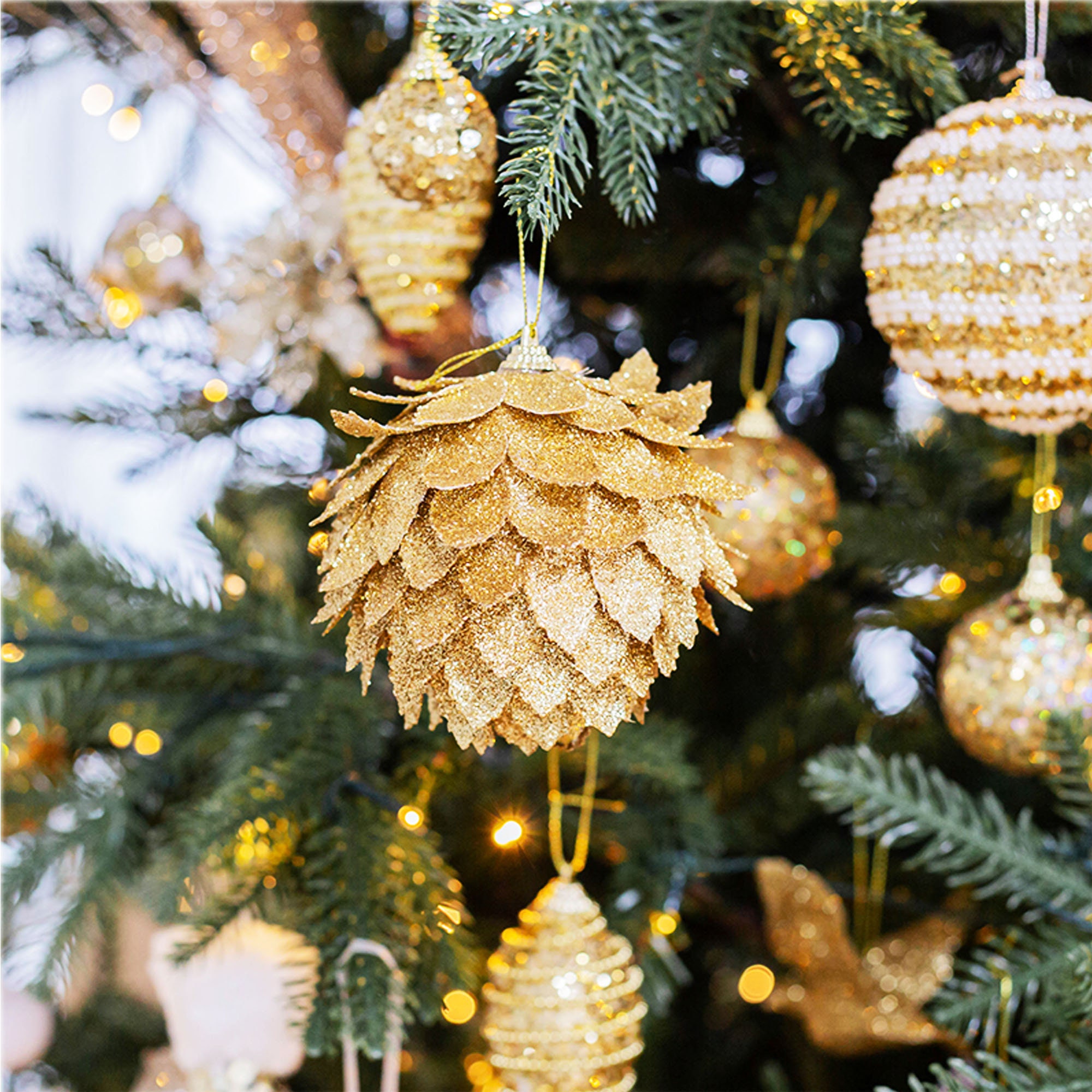  Feather Pine Cone Christmas Ornament - 6 Gold Glitter Xmas  Holiday Fall Decoration : Home & Kitchen