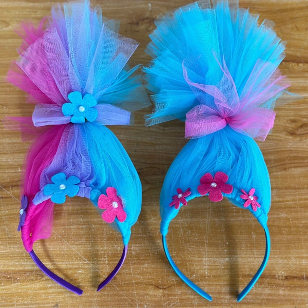 Diadema de Troll, Diadema de tul para fiesta de cumpleaños de niños, Diadema para niños pequeños, Diadema de Poppy Trolls