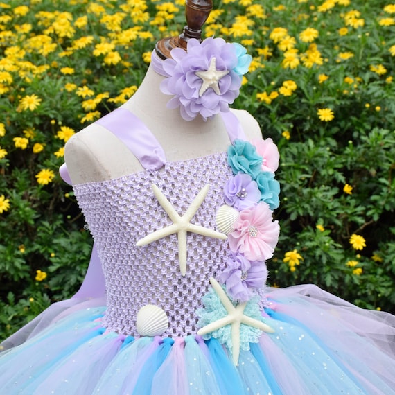 Pastel Mermaid TUTU Dress for Girls,kids Mermaid Birthday Party Dress,under  the Sea Theme Party Costume,glitter Dress With Flower Headband 