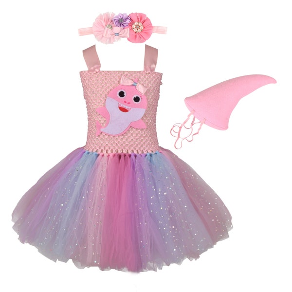 Girls Shark Sparkly Tutu Dress,Kids Pink Shark Theme Birthday Outfit,Halloween Dress,Shark Costume,Shark Fin Cosplay Accessory
