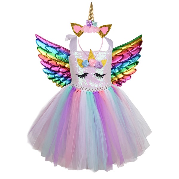 Pastel Unicorn Tutu Dress,Unicorn Birthday Outfit,Unicorn Wings & Headband,Unicorn Dress,Birthday Dress,Unicorn Dress Up Costume