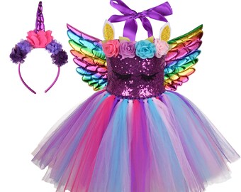 Robe Tutu Licorne Violette, Tenue d’anniversaire Licorne Arc-en-ciel, Ailes de Licorne & Bandeau, Robe Licorne, Robe d’anniversaire, Costume d’habillage Licorne