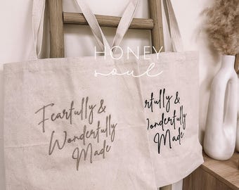Embroidered Fearfully & Wonderfully Made Tote Bag || Embroidered Tote Bag || Bible Tote Bag || Christian Tote ||  Cute Trendy Tote || Cotton