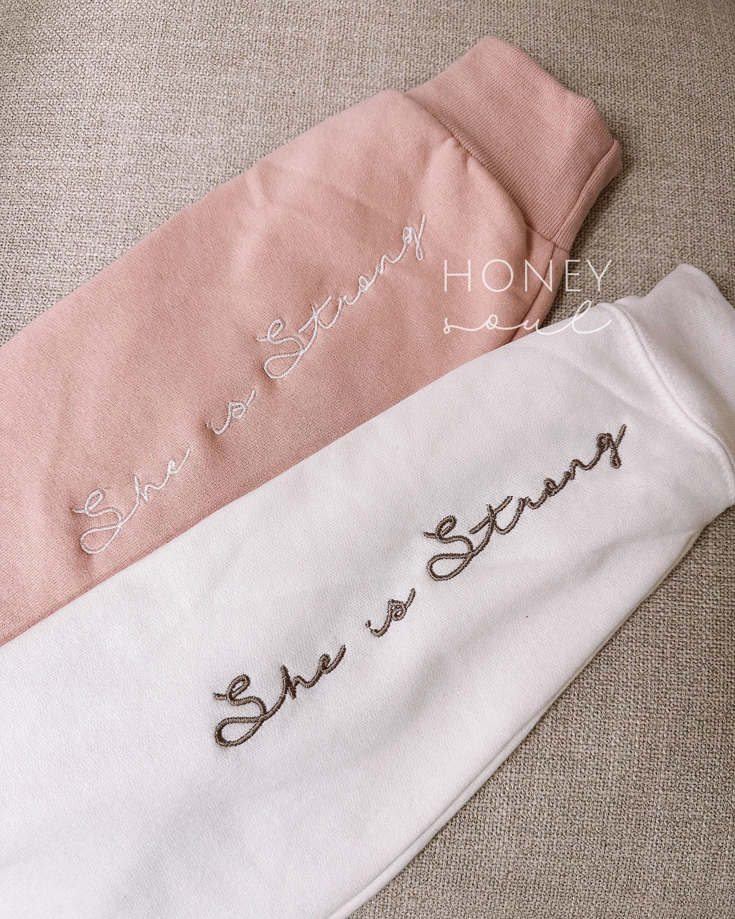 Embroidered She is Strong Sweatshirt || Embroidered Sleeve Hoodie || Faith Based Christian Apparel || She is Strong Blush & White Crewneck