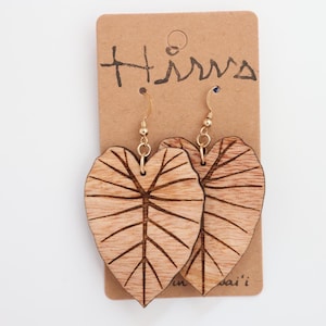 Koa Wood Kalo Leaf Earrings, 14K Gold Filled, Handmade Hawaiian Jewelry
