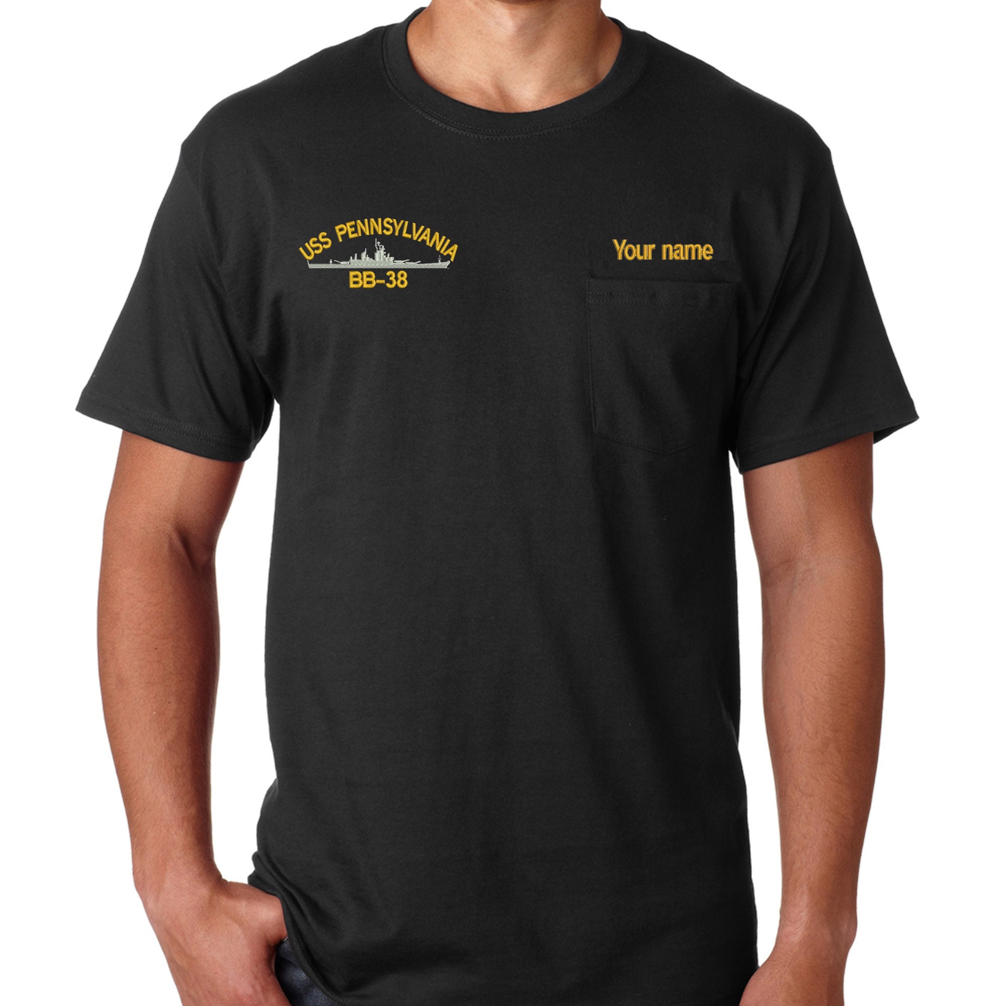 Embroidered Black tee shirt with pocket / USS Battleships | Etsy