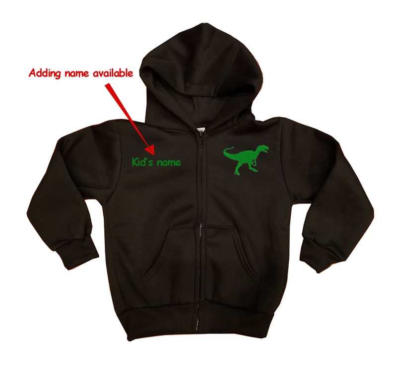 Youth Kids size zipper hoodie jacket with Tyrannosaurus Dinosaur Embroidered Stitched with personal name option Available in many colors