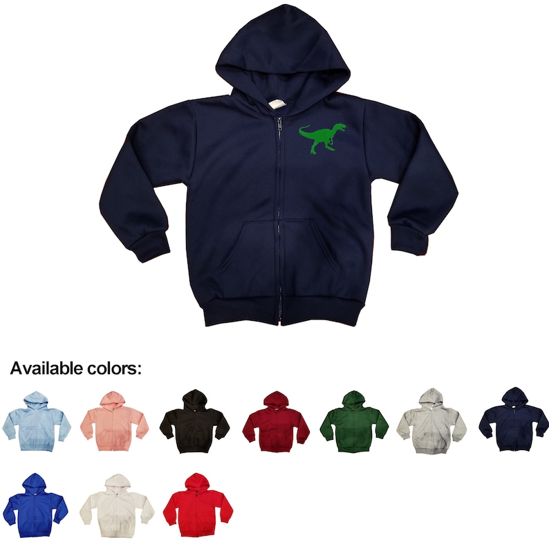Youth Kids size zipper hoodie jacket with Tyrannosaurus Dinosaur Embroidered Stitched with personal name option Available in many colors