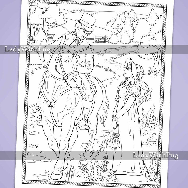 Adult Coloring Page: Lady and Gentleman on Horse. Line Art | Etsy
