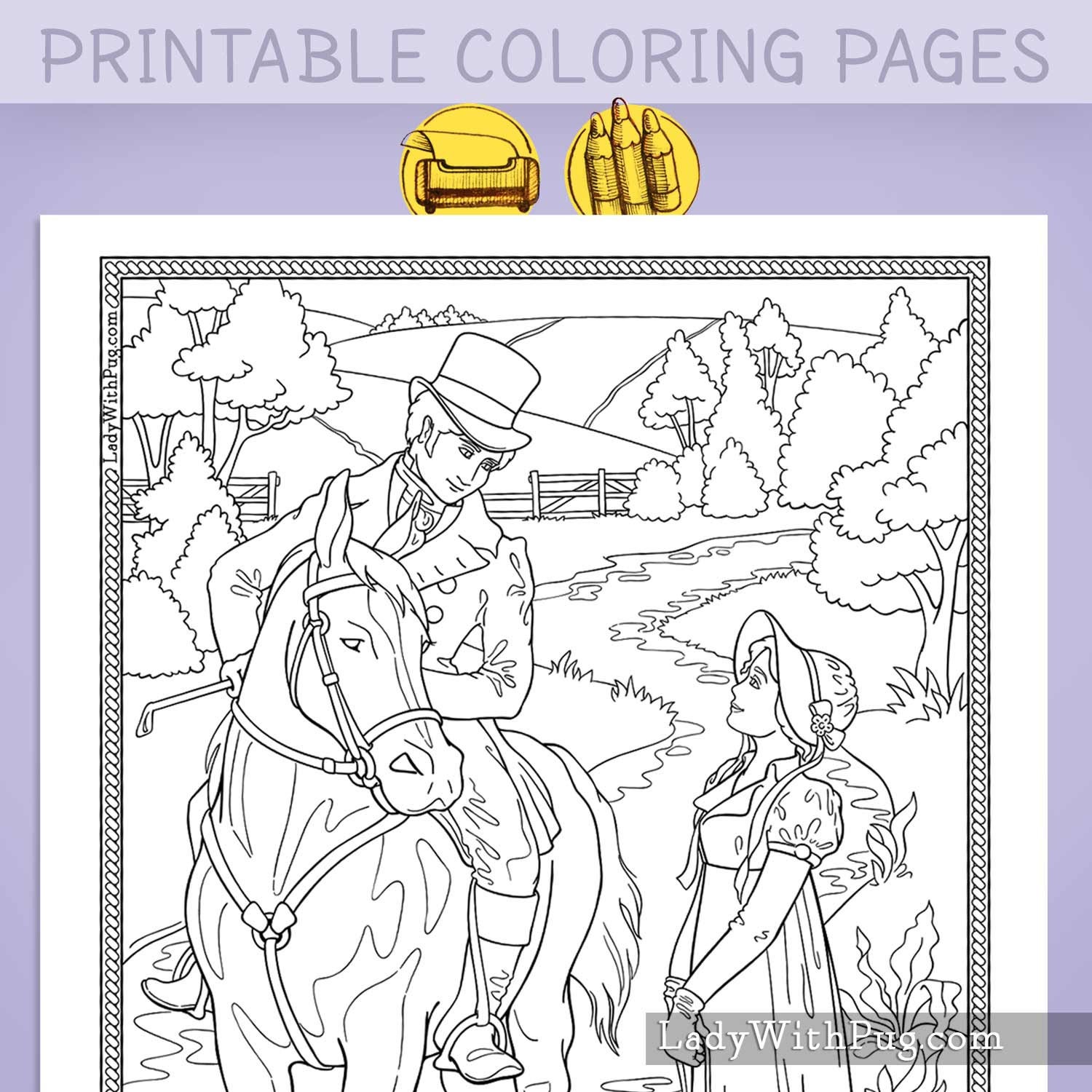 Adult Coloring Page: Lady and Gentleman on Horse. Line Art | Etsy