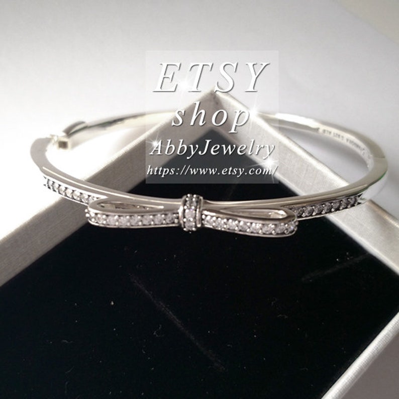 Abby Jewelry S925 Sterling Silver Sparkling Bow Clear CZ Charm Bangle Fit European Dora DIY Charm Beads