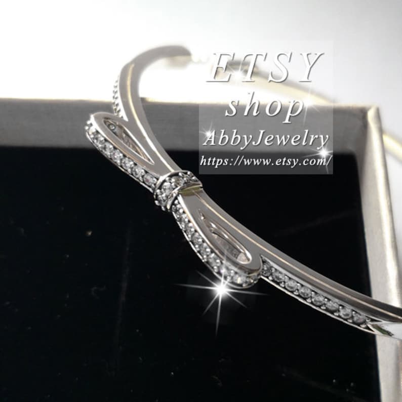 Abby Jewelry S925 Sterling Silver Sparkling Bow Clear CZ Charm Bangle Fit European Dora DIY Charm Beads