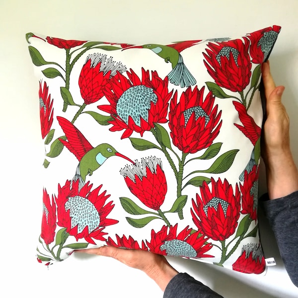 Protea - Sunbird - Off White or Pale Blue - Fabric- Cushion- Cover- Pillow- 40x60cm - 50x50cm -or 60x60cm - Design- South Africa - Annapatat