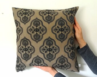 Lanterns Print Cushion Cover: Black on Taupe, South African Design