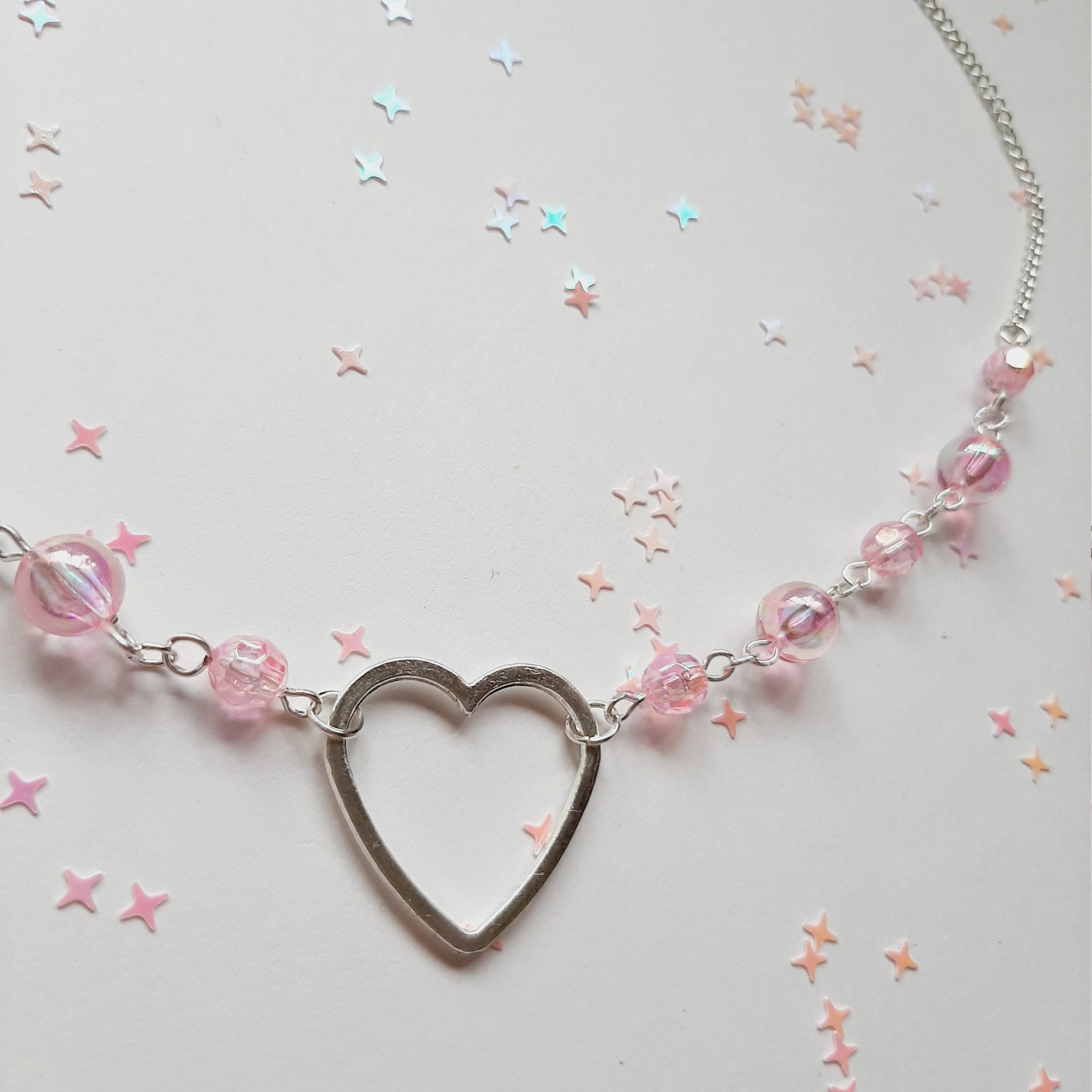Kawaii cute silver necklace with heart and pink beads | Etsy