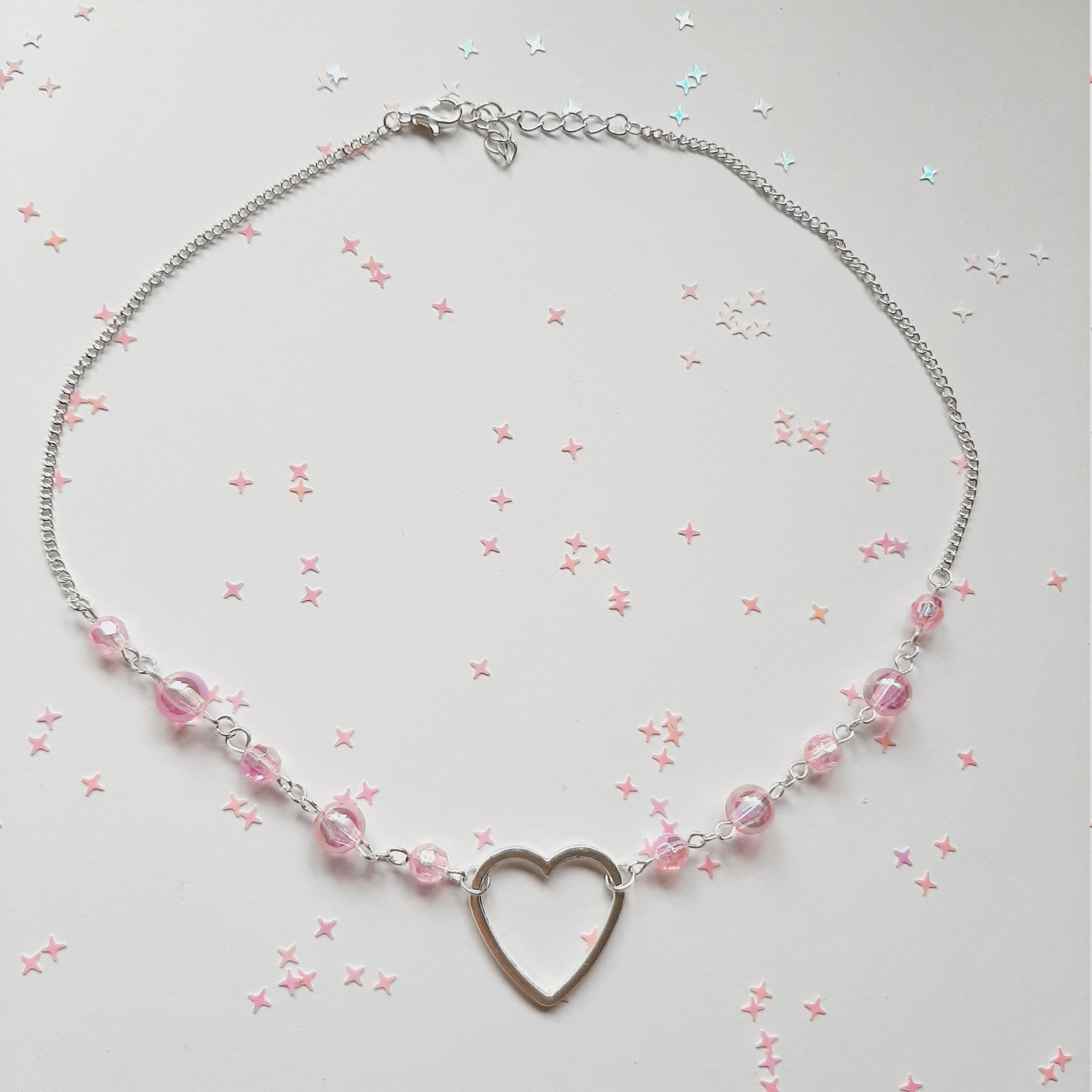 Kawaii cute silver necklace with heart and pink beads Etsy