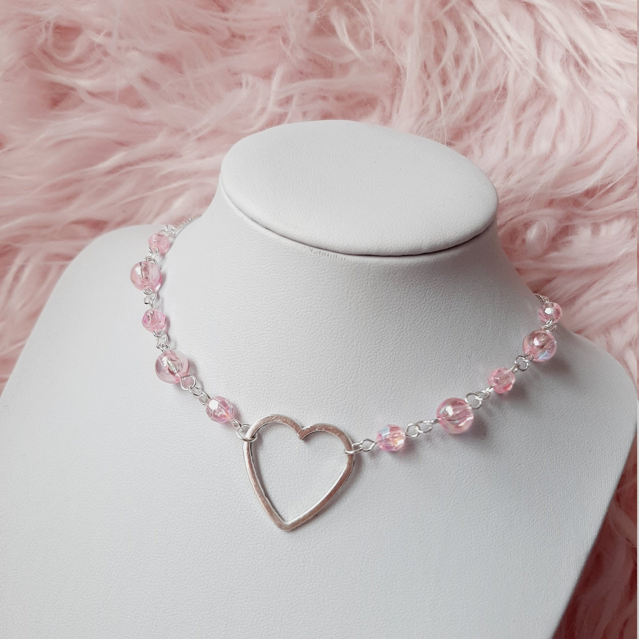 Kawaii cute silver necklace with heart and pink beads | Etsy